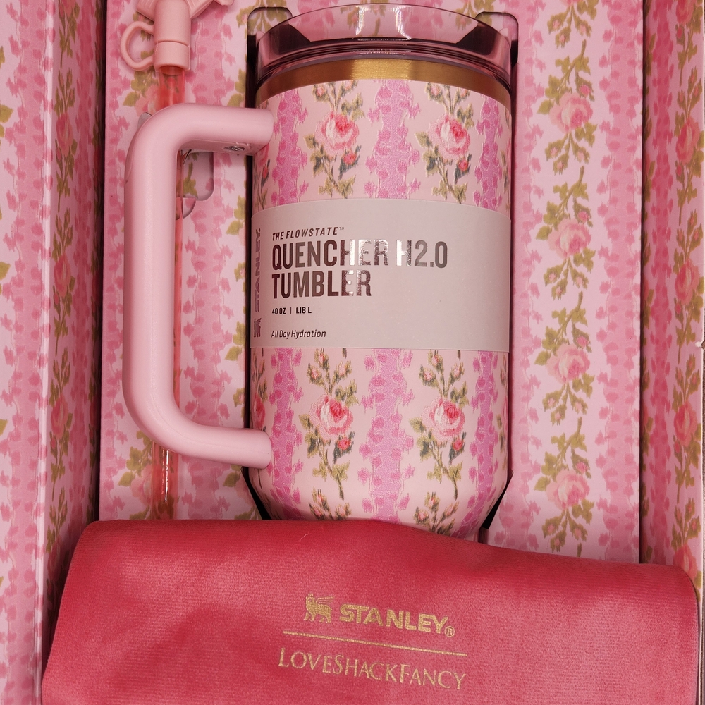 Stanley LoveShackFancy Pink Floral Travel Tumbler wit